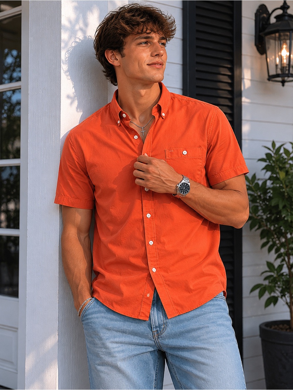 Alexander Julian Colours Men's Short Sleeve Button-Down Shirt – Vibrant Orange